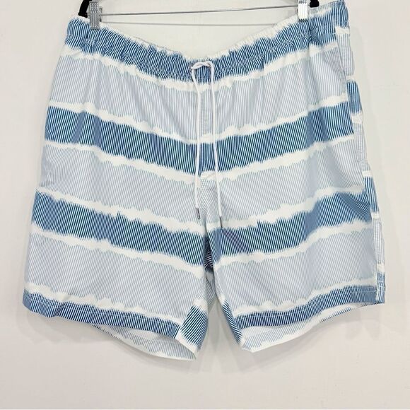 Land's End White Blue Squiggle Stripe Mesh Lined Drawstring Waist Swim Trunks - Picture 1 of 12